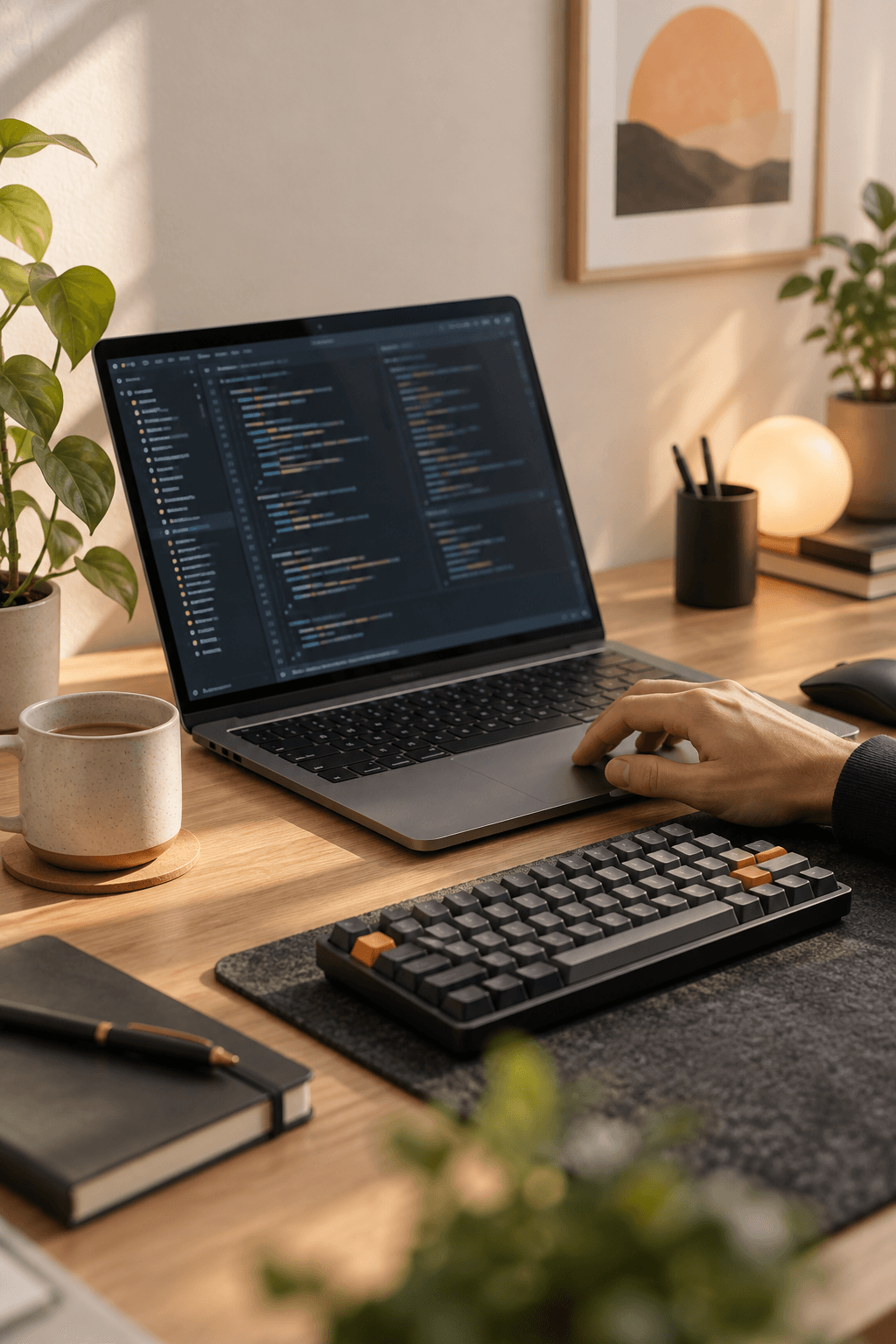A warm developer workspace with a laptop showing code